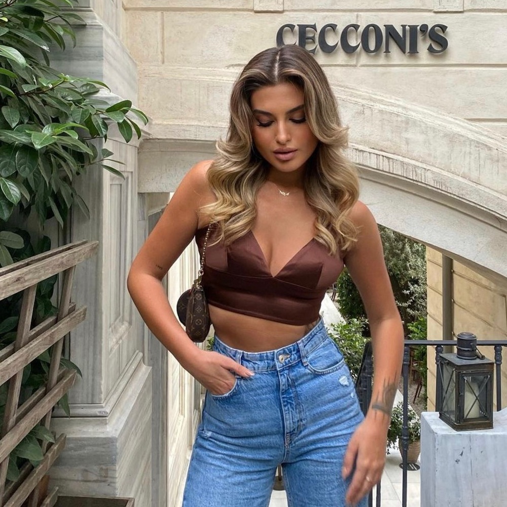 BROWN SATIN OPEN BACK LACED CROP TOP SIZE SMALL
